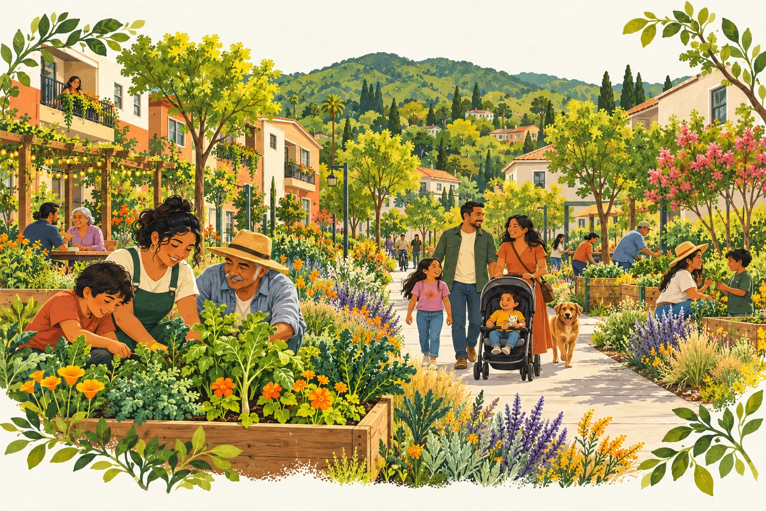 Illustrated vision of a Canal neighborhood connected by gardens